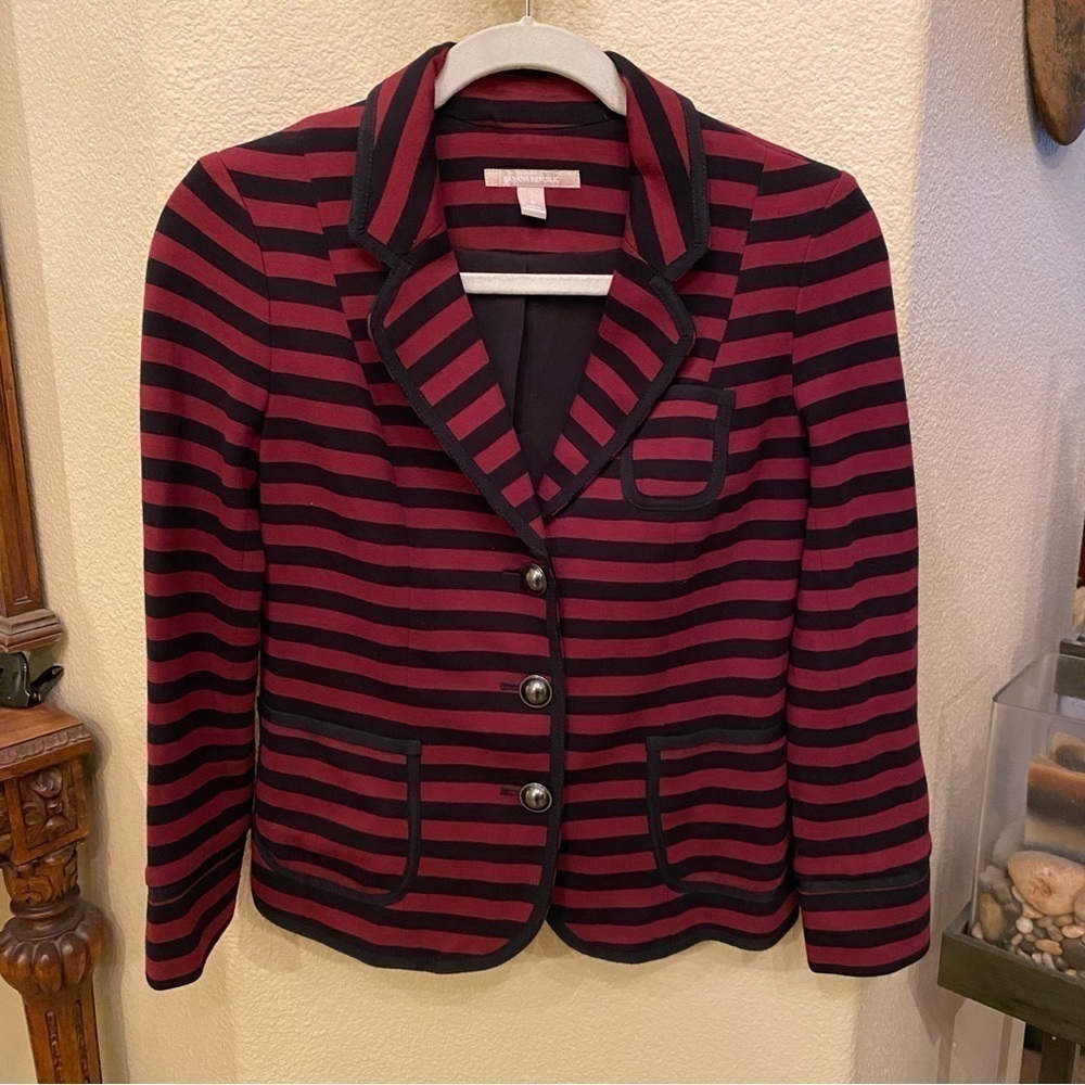BANANA REPUBLIC Women Burgundy & Black Striped Blazer Jacket Size 0